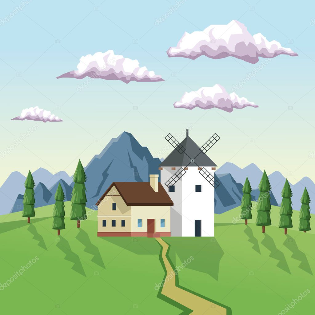 colorful background with daytime landscape of field mountains and house with windmill