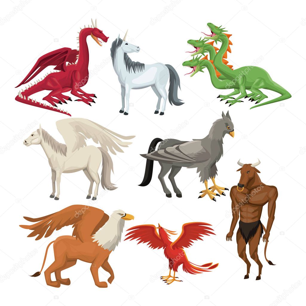 colorful set animal greek mythological creatures