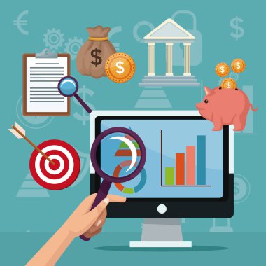 Büyüteç ekran bilgisayar ve simgeler ekonomi üzerinde tutan el ile renk arka plan analytics yatırım