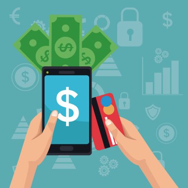arka plan analytics yatırım simgeler renk ve bir akıllı telefon faturaları ve borç kartı tutan el