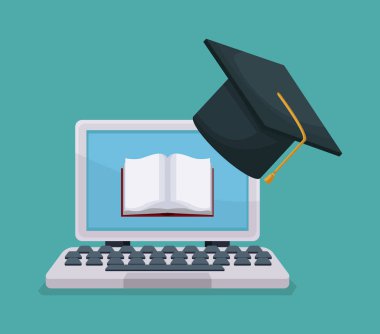 renk arka plan teknoloji laptop ekran ve mezuniyet kap kitap ile