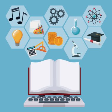teknoloji laptop ve ekran gri renkli geometrik soyut figürler simgeler akademik bilgi ile Defteri'ni