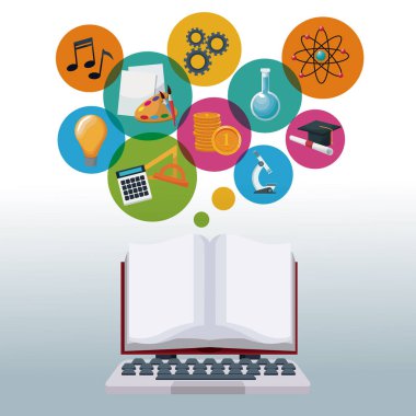 kabarcıklar simgeler akademik bilgisi olan teknoloji laptop ve ekran açık kitap