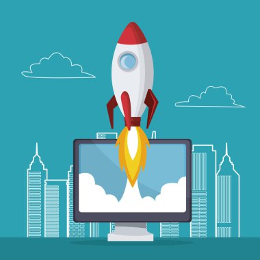 blue color background with city landscape silhouette rocket coming out of the display computer clipart