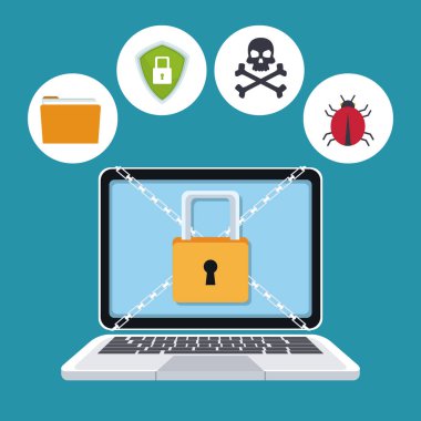 mavi renk arka plan laptop güvenlik asma kilit zincirleri ile geçti