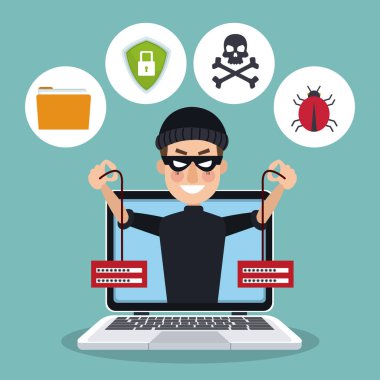 mavi renk arka plan dizüstü bilgisayar korsanı hırsız bir sunucuları holding ile