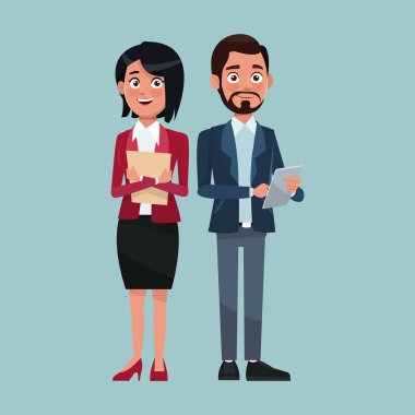 renk arka plan tam vücut zarif Yöneticiler kadın kısa saç modeli çifti ayarla ve tablet adamla sakallı