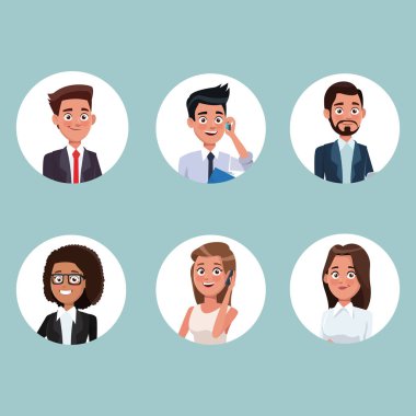 renk arka plan dairesel çerçeve simgeleri ile yarım vücut insanlar karakterler için iş ayarlayın.