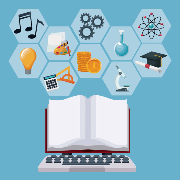 tech laptop and display open book with gray color geometric abstract figures icons academic knowledge