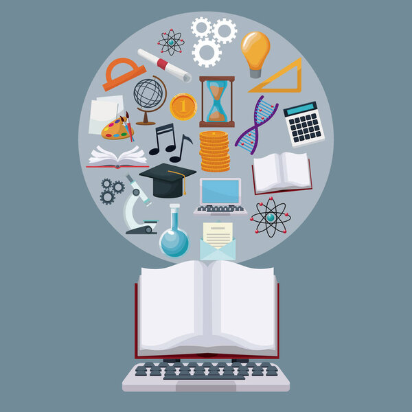 tech laptop and display open book with circular border icons academic knowledge