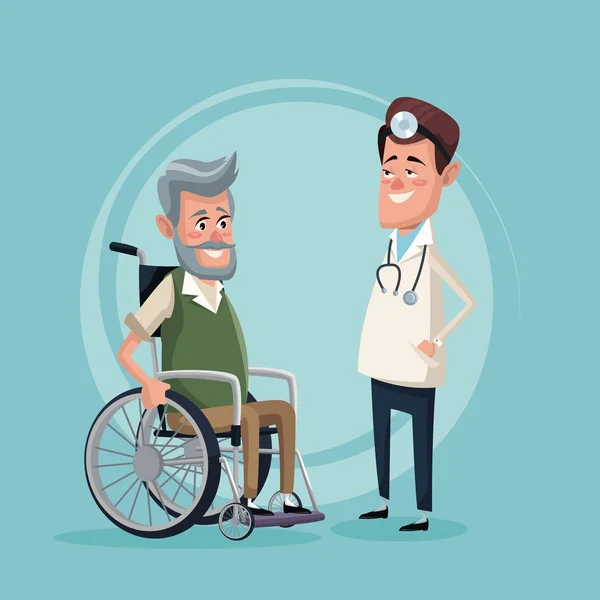 Χρώμα φόντου με ηλικιωμένο άνδρα σε αναπηρικό καροτσάκι και ειδικός γιατρός — Διανυσματικό Αρχείο