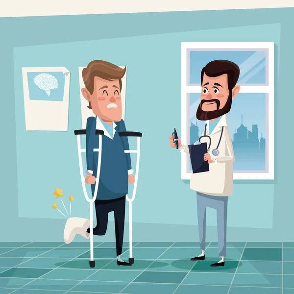 Color fondo habitación de hospital con el hombre en muletas y terapeuta masculino — Vector de stock