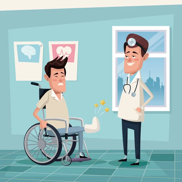 Цветной фоновый больничный кабинет с молодым человеком в инвалидной коляске и врачом-специалистом — стоковый вектор