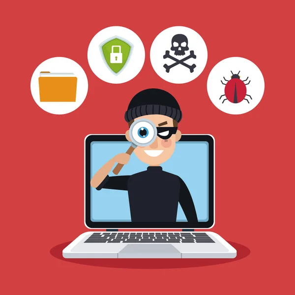 Червоний кольоровий фоновий ноутбук зі шпигунством з хакером — стоковий вектор