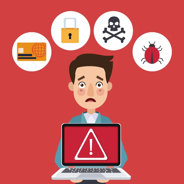 Röd färg bakgrunden person som innehar en laptop med varningssymbol — Stock vektor