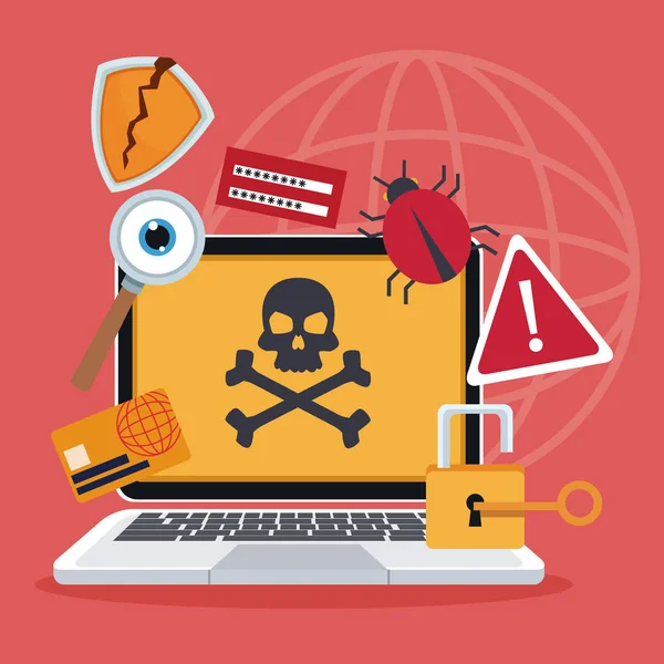 Mavi renk arka plan laptop saldırı virüs ve simgeler koruması ile — Stok Vektör