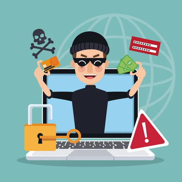 Dizüstü bilgisayar ve hırsız adam hacker saldırı çalmak ile mavi arka plan küresel dünya siluet — Stok Vektör