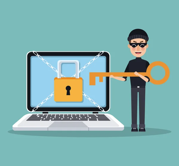 Sahne renk laptop ile asma kilit ve çarpı işareti zincirleri ve hırsız adam hacker ile çalmak için anahtar — Stok Vektör