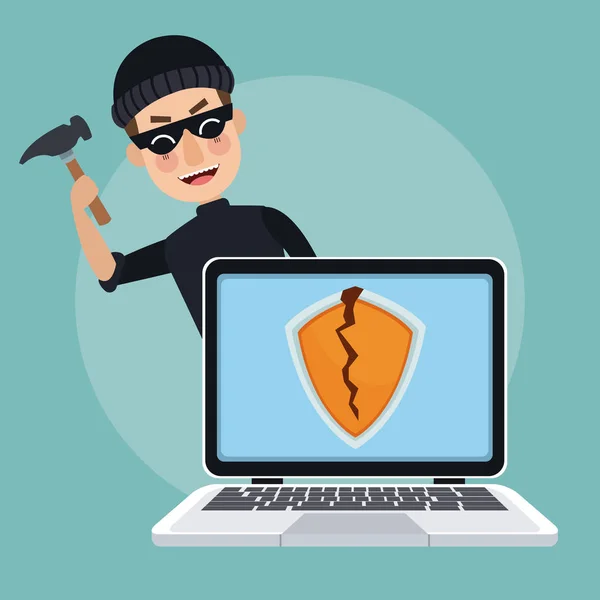 Çekiç ile bozuk güvenlik kalkan ve hırsız adam hacker ile sahne renk laptop — Stok Vektör