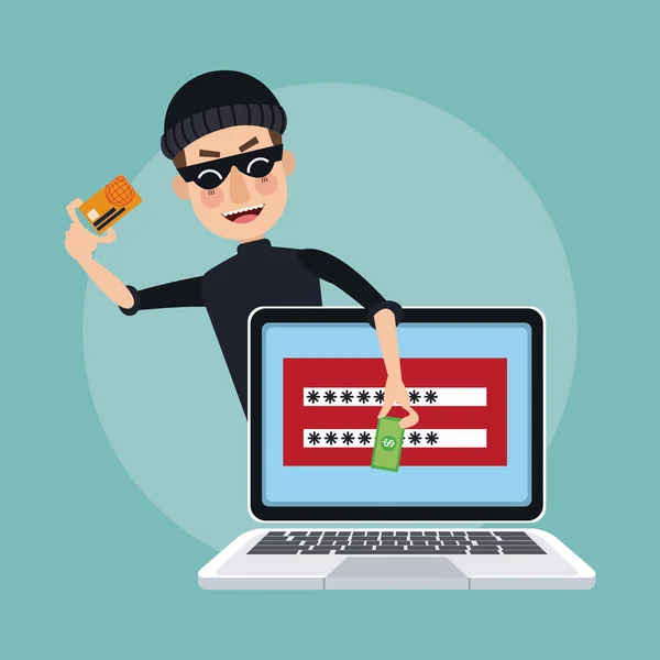 Sahne renk laptop çalmak yatırım veri şifre pencere ve hırsız adam hacker ile — Stok Vektör