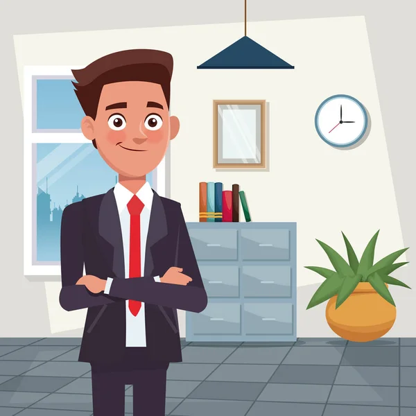 Farbe Hintergrund Arbeitsplatz Büro halb Körper junger Mann Zeichen für Unternehmen mit formalen Anzug — Stockvektor