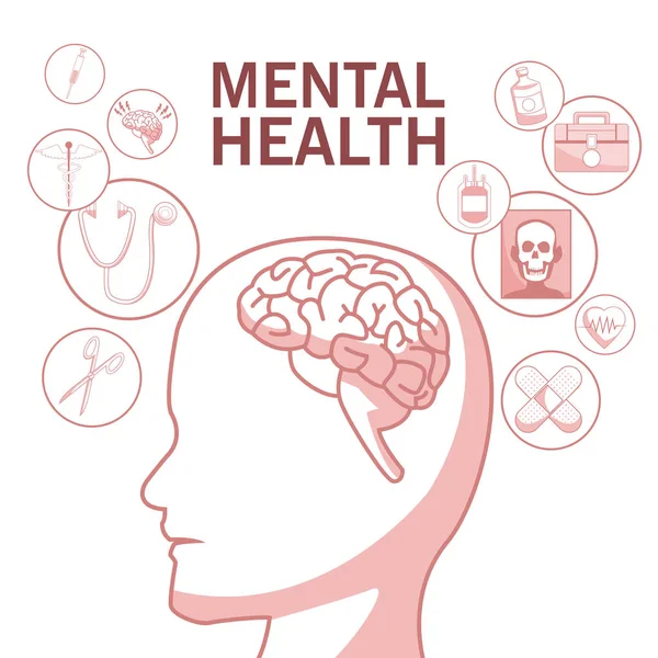 Fondo blanco con secciones de color rojo del perfil de silueta salud mental de la cabeza humana con elementos de salud — Vector de stock