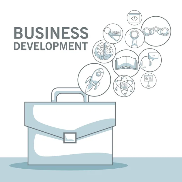 Fondo blanco con secciones de color silueta sombreado de cartera con iconos flotantes desarrollo de negocios — Vector de stock
