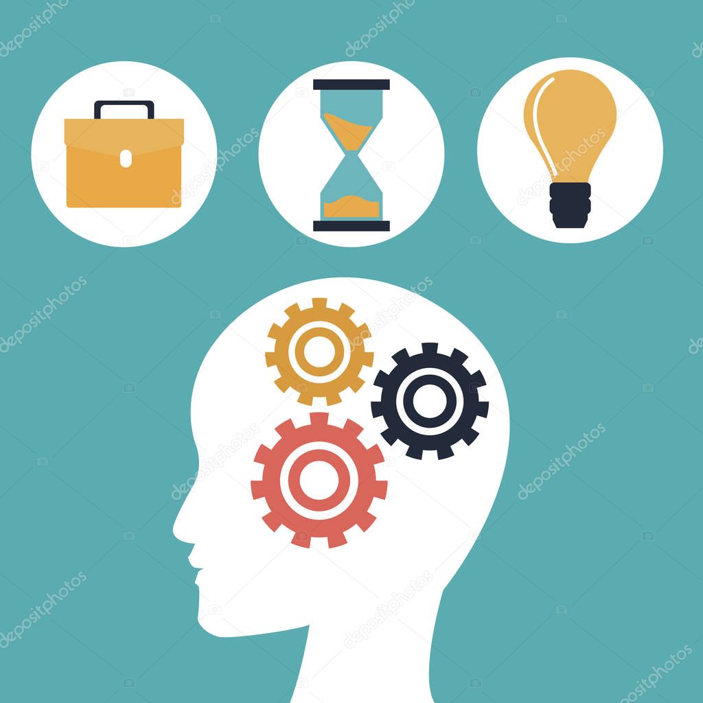 color background with silhouette human head with mechanism gears ands icons bussines
