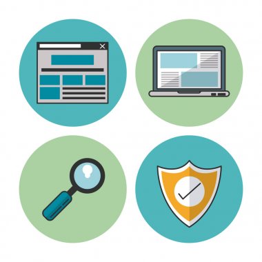 Beyaz arka plan ile e-ticaret ve alışveriş web mağaza pencere ve dizüstü bilgisayarı ve Büyüteç camı ve kalkan simgeleri ile renkli dairesel çerçeve