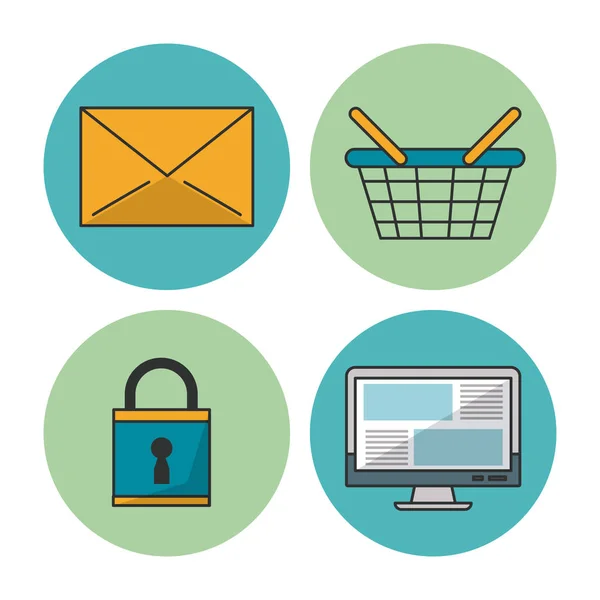 Белый фон с красочными круглыми рамками с иконками электронной коммерции и покупок в качестве почтового конверта и корзины, замка и компьютера — стоковый вектор