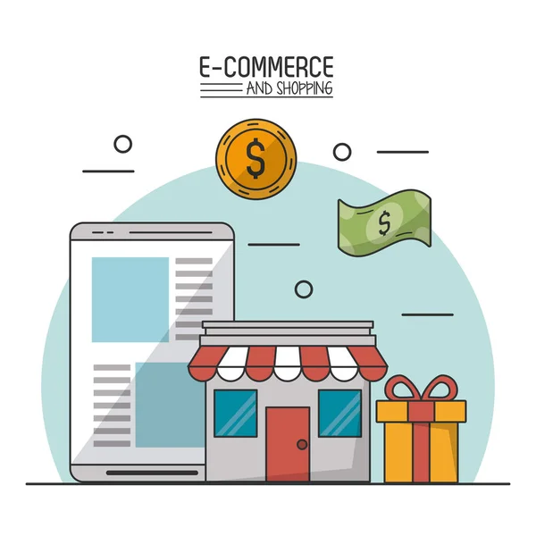 Poster colorat de e-commerce și cumpărături cu magazin și tabletă și cadou și bani — Vector de stoc