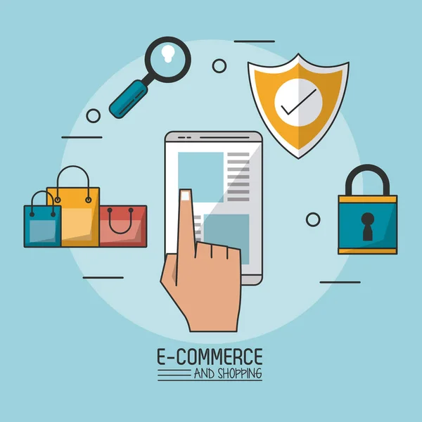Poster colorat în fundal albastru de e-commerce și cumpărături cu smartphone-ul în closeup și pictograme proces de cumpărare — Vector de stoc