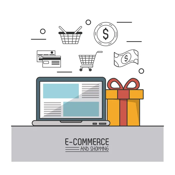 Affiche colorée de e-commerce et de shopping avec ordinateur portable et cadeau en gros plan et l'achat d'icônes sur le dessus — Image vectorielle