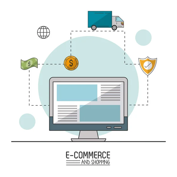 Kolorowy plakat, e-commerce, zakupy z komputera stacjonarnego w zbliżenie i proces zakupu — Wektor stockowy