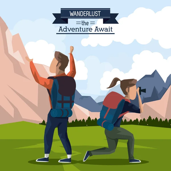 Affiche colorée de wanderlust l'aventure attendent avec couple d'alpinistes en plein air paysage de montagne et sa prise de photos — Image vectorielle