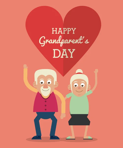 Salmon color card and heart background with text happy grandparents day with elderly couple holding hands and greeting — Stock Vector