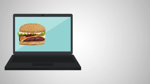 Гамбургер онлайн заказ с ноутбука HD анимации — стоковое видео