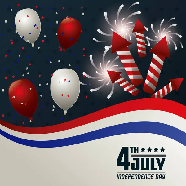 4 julio independencia día tarjeta globos fuegos artificiales confeti fiesta nacional — Vector de stock