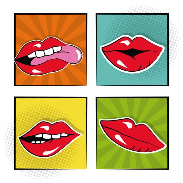 Conjunto sexy feminino lábios bolha discurso pop arte — Vetor de Stock