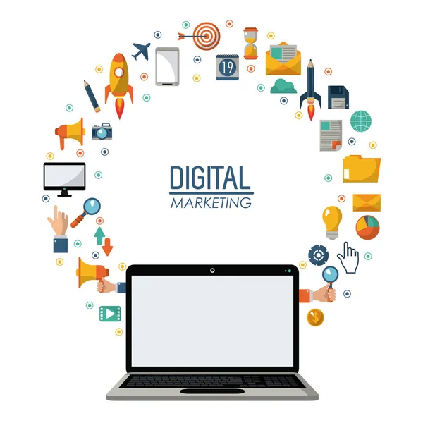 Digitális marketing laptop technológia hálózat online — Stock Vector