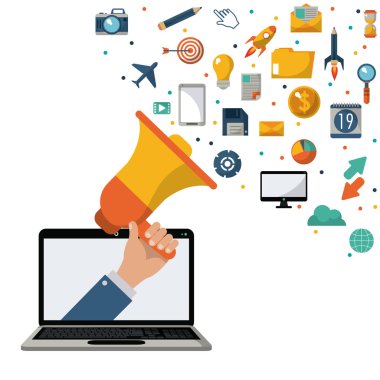 haber medya pazarlama hoparlör dizüstü tutan el