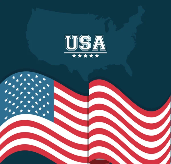 Mávání vlajkami USA mapa země razítko design — Stockový vektor
