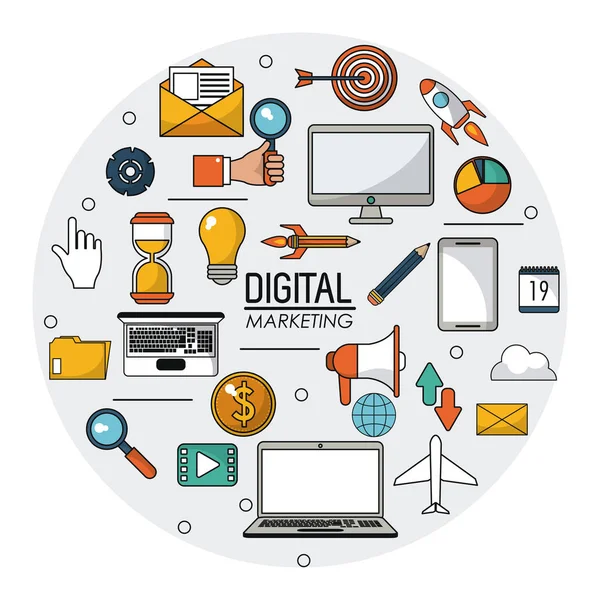 Digital marketing technology knowledge email business médias sociaux — Image vectorielle