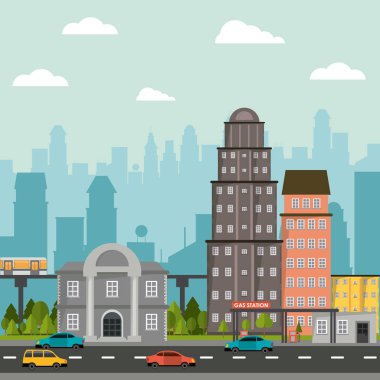 Cityscape bina benzin istasyonu banka kentsel yol arabalar