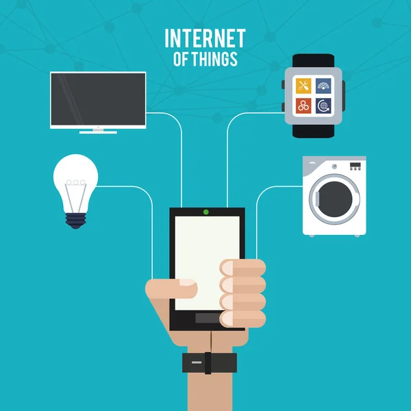 Internet de las cosas de la mano con el teléfono inteligente trabajo casa TV bulbo innovación — Vector de stock
