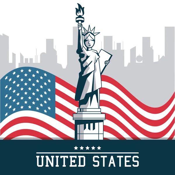 都市ニューヨークの背景の自由米国旗の像 — ストックベクタ