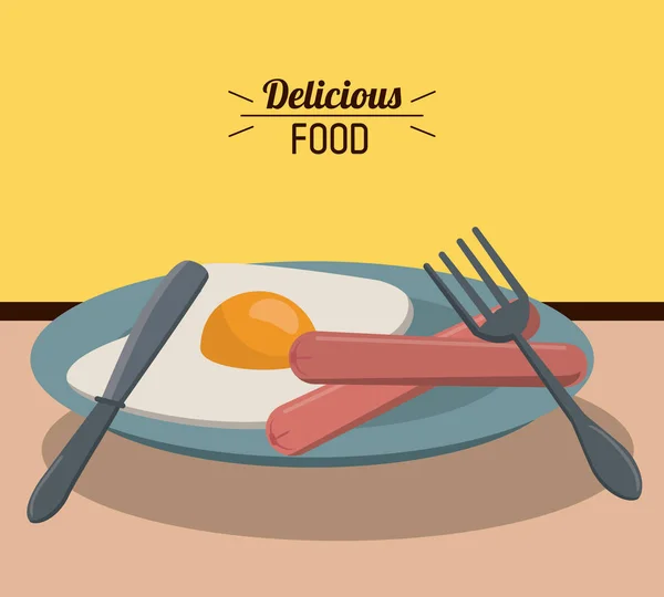 Deliciosa comida frita salchicha de huevo y tenedor cuchillo plato — Vector de stock