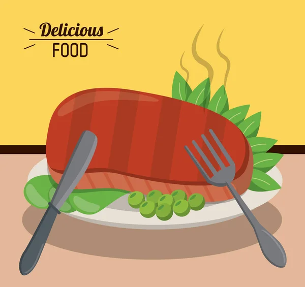 Nourriture délicieuse steak de boeuf pois chaud dîner fourchette et couteau — Image vectorielle