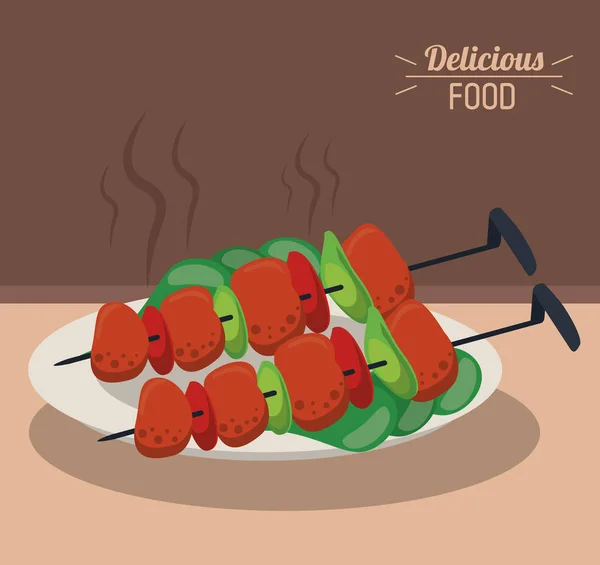 Pyszne jedzenie mięs pieczonych szaszłyków warzywa danie — Wektor stockowy