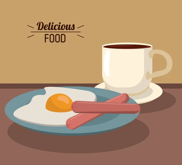 Delicioso desayuno con papas fritas salchichas de huevo y taza de café — Vector de stock